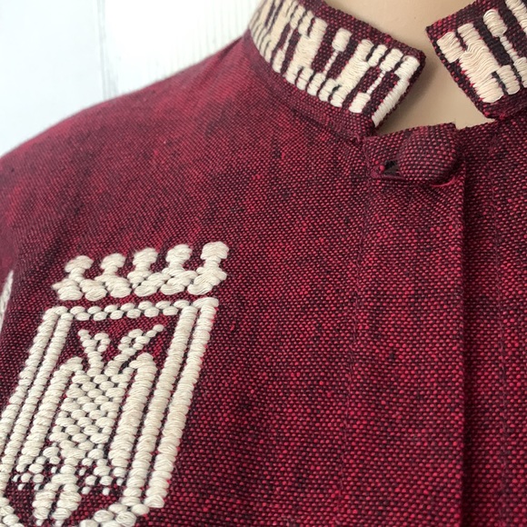 Burgundy embroidered mandarin collar sleeveless button down Ethnic shirt Top S - Picture 5 of 11